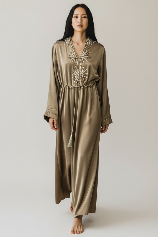 Charizma - Μάξι Καφτάνι Φόρεμα με Διακοσμητικά Στοιχεία και Ρυθμιζόμενη Μέση Χακί