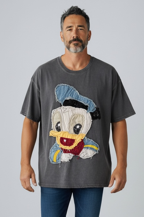 Charizma - Γκρι Oversized Unisex Βαμβακερό T-Shirt Μακό Απλικαρισμένο Σχέδιο Donald Duck