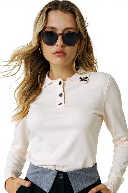 Figaro - Πλεκτή Μπλούζα Πόλο με Αστεράκια & φιόγκους Εκρού