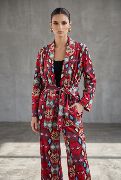 New Age - Jesica Ελαστική Κόκκινη Παντελόνα Βελούδο Με Boho Σχέδιο