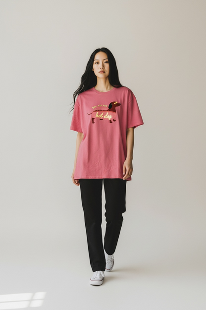 Charizma - Unisex Βαμβακερό Ροζ Μακό T-Shirt Oversized με Στάμπα Hot Dog