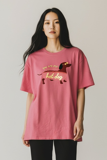 Charizma - Unisex Βαμβακερό Ροζ Μακό T-Shirt Oversized με Στάμπα Hot Dog