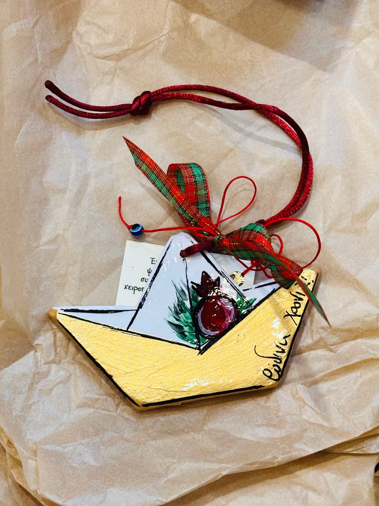 Ψαρόνι - Κεραμικό Γούρι Μικρό Καραβάκι Ρόδια Χρυσό