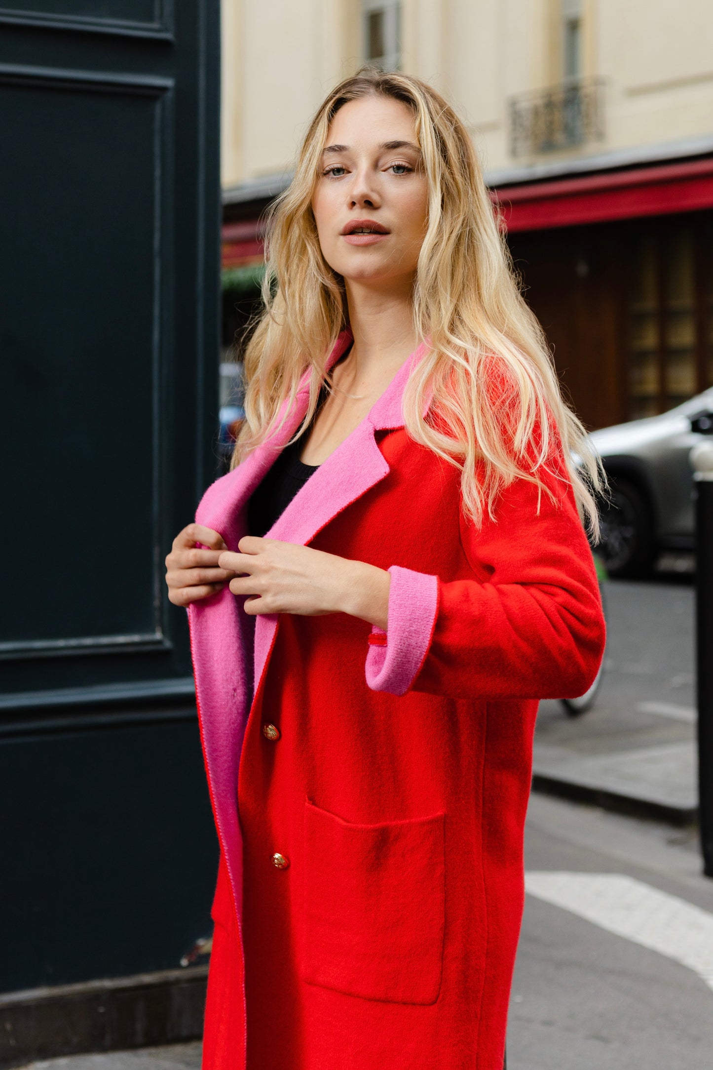 Orlinn - Ζακέτα Midi με Διπλή Απόχρωση στο Πέτο & Διακοσμητικά Χρυσά Κουμπιά Κόκκινη