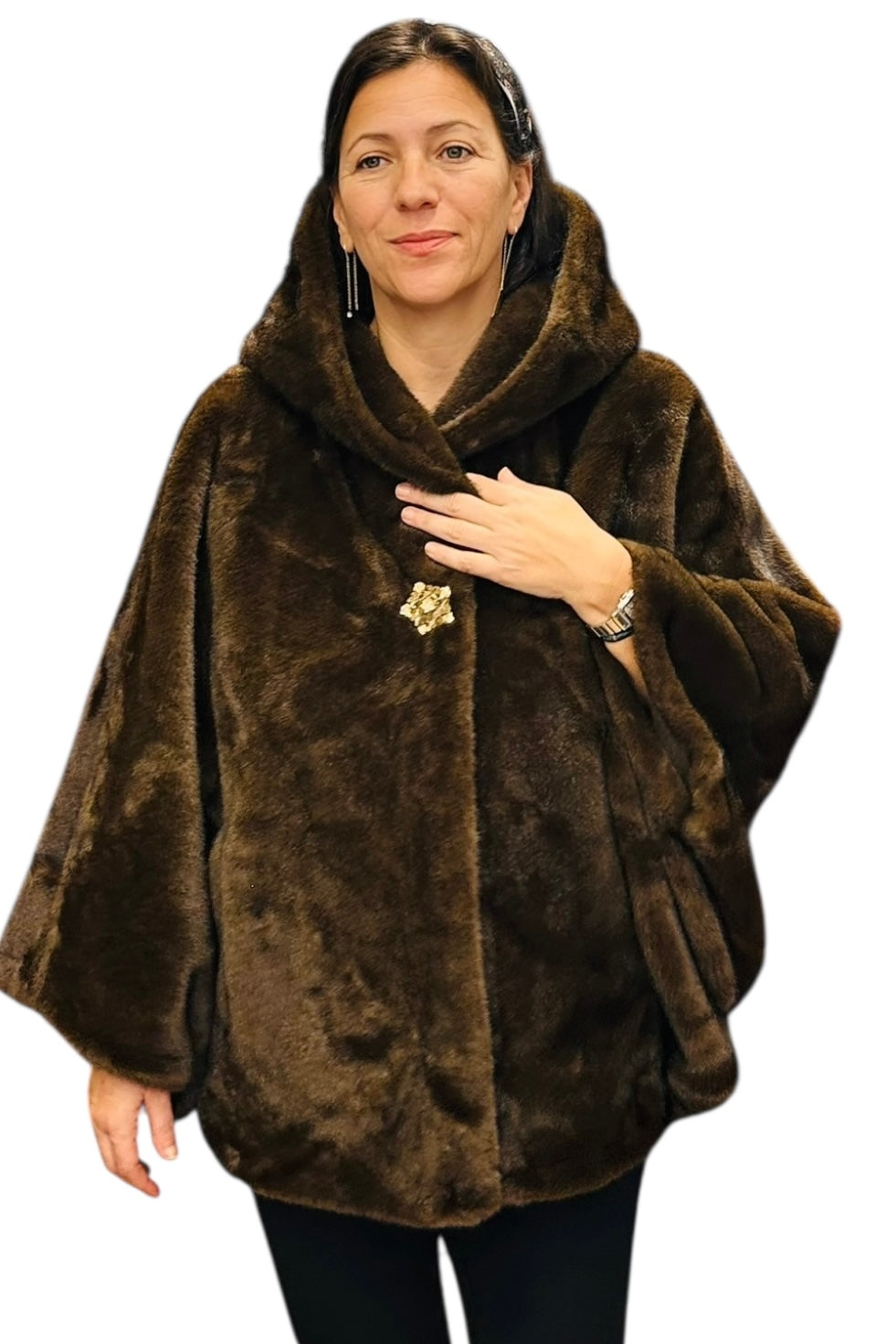 Charizma - Συνθετική Γούνα με Κουκούλα, Τσέπες σε Στυλ Κάπας Καφέ