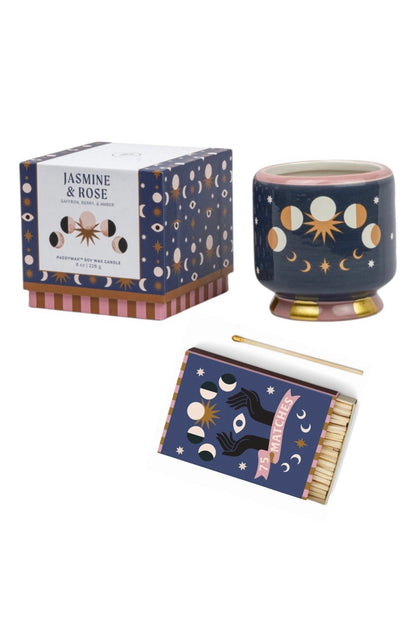 Paddywax A dopo  Moon Phases - Κεραμικό κερί σόγιας, Jasmine & Rose 226gr & Σπίρτα 75 τεμ