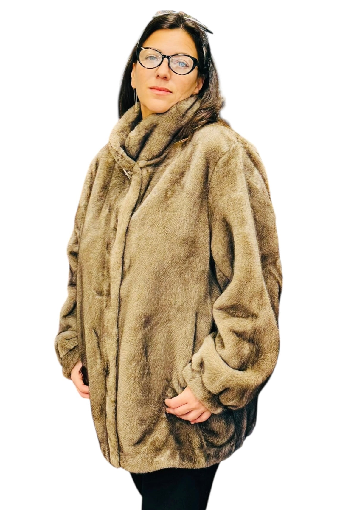 Charizma - Συνθετική Γούνα με Ψηλό Γιακά, Τσέπες & Στρασένιο Κουμπί στον Λαιμό Γκρί