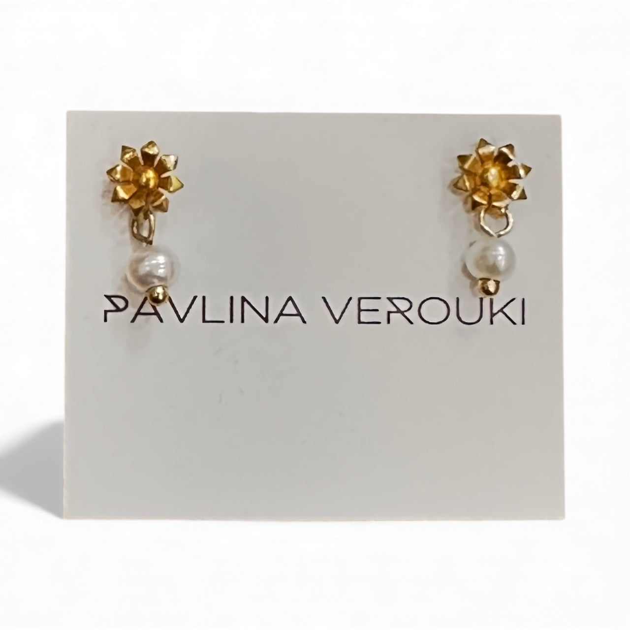 Pavlina Verouki - Flower Mini Ασημένια Σκουλαρίκια Λουλούδι & Μαργαριτάρι Χρυσό