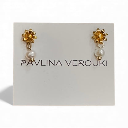 Pavlina Verouki - Flower Mini Ασημένια Σκουλαρίκια Λουλούδι & Μαργαριτάρι Χρυσό