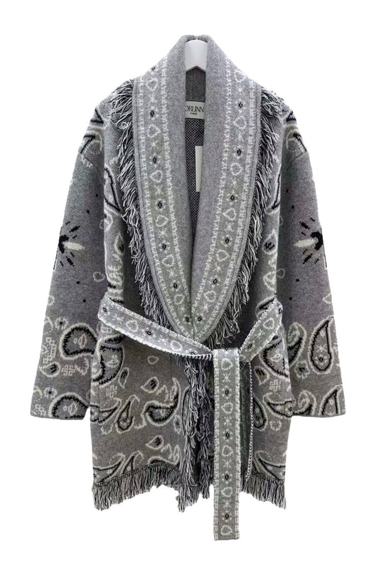 Orlinn - Ζακέτα Παλτό Boho Chic με Κρόσσια & Ζώνη Γκρι