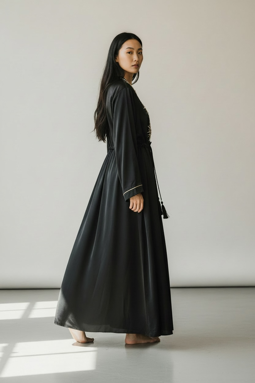 Charizma - Μάξι Καφτάνι Φόρεμα με Διακοσμητικά Στοιχεία και Ρυθμιζόμενη Μέση Μαύρο