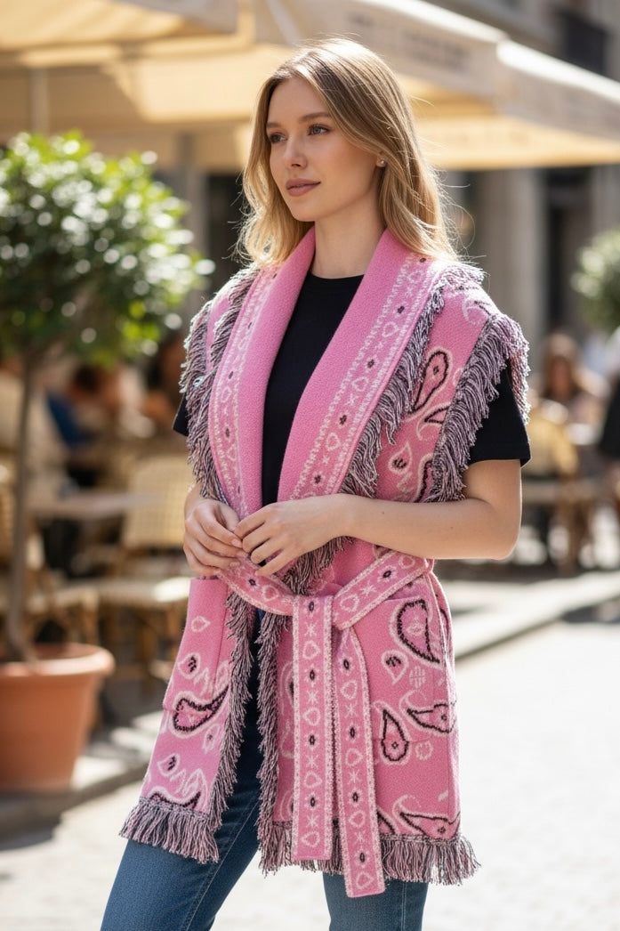 Orlinn - Αμάνικη Ζακέτα Boho Chic με Κρόσσια & Ζώνη Ροζ