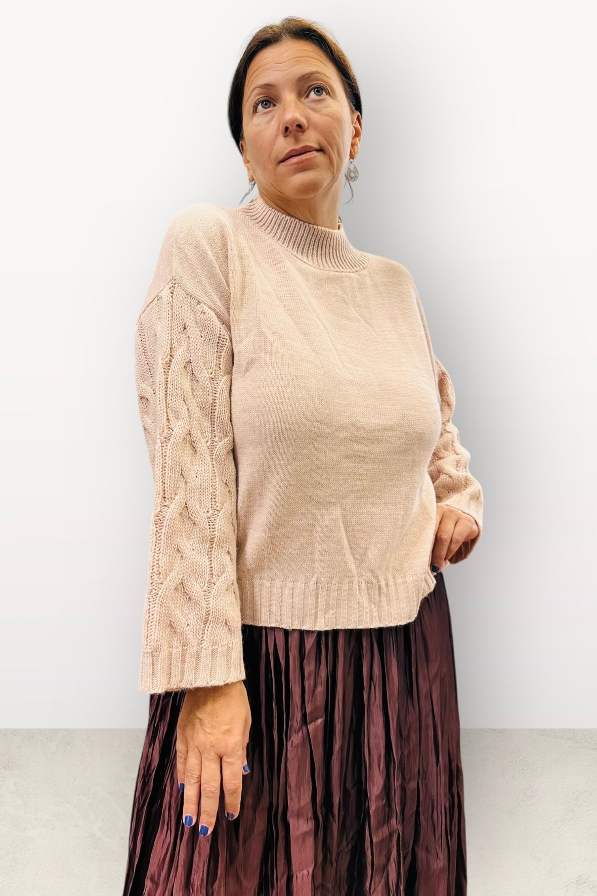 Figaro - Πλεκτό Πουλόβερ Με Πλέξη Στα Μανίκια Ροζ