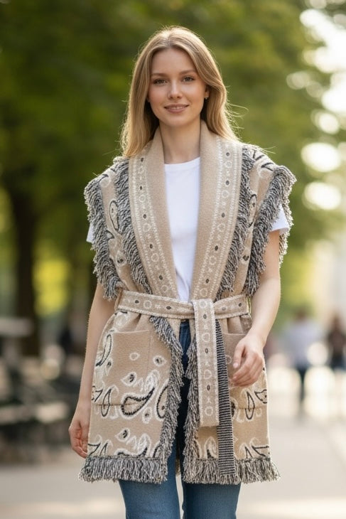 Orlinn - Αμάνικη Ζακέτα Boho Chic με Κρόσσια & Ζώνη Μπεζ