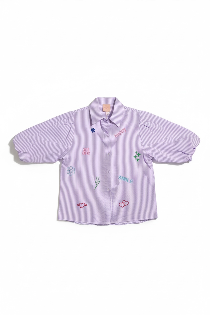 Zeta Otto - Γυναικείο Ριγέ Λιλά Πουκάμισο με κεντήματα & balloon κοντά μανίκια
