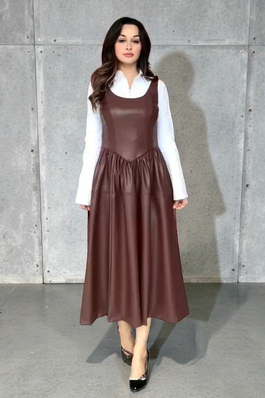 Charizma - Midi Φόρεμα Δερματίνη Καφέ