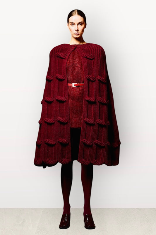 Tailor Made - Μακριά Kάπα Πλεκτή Premium Απαλή Υφή & Art-Details Μπορντό