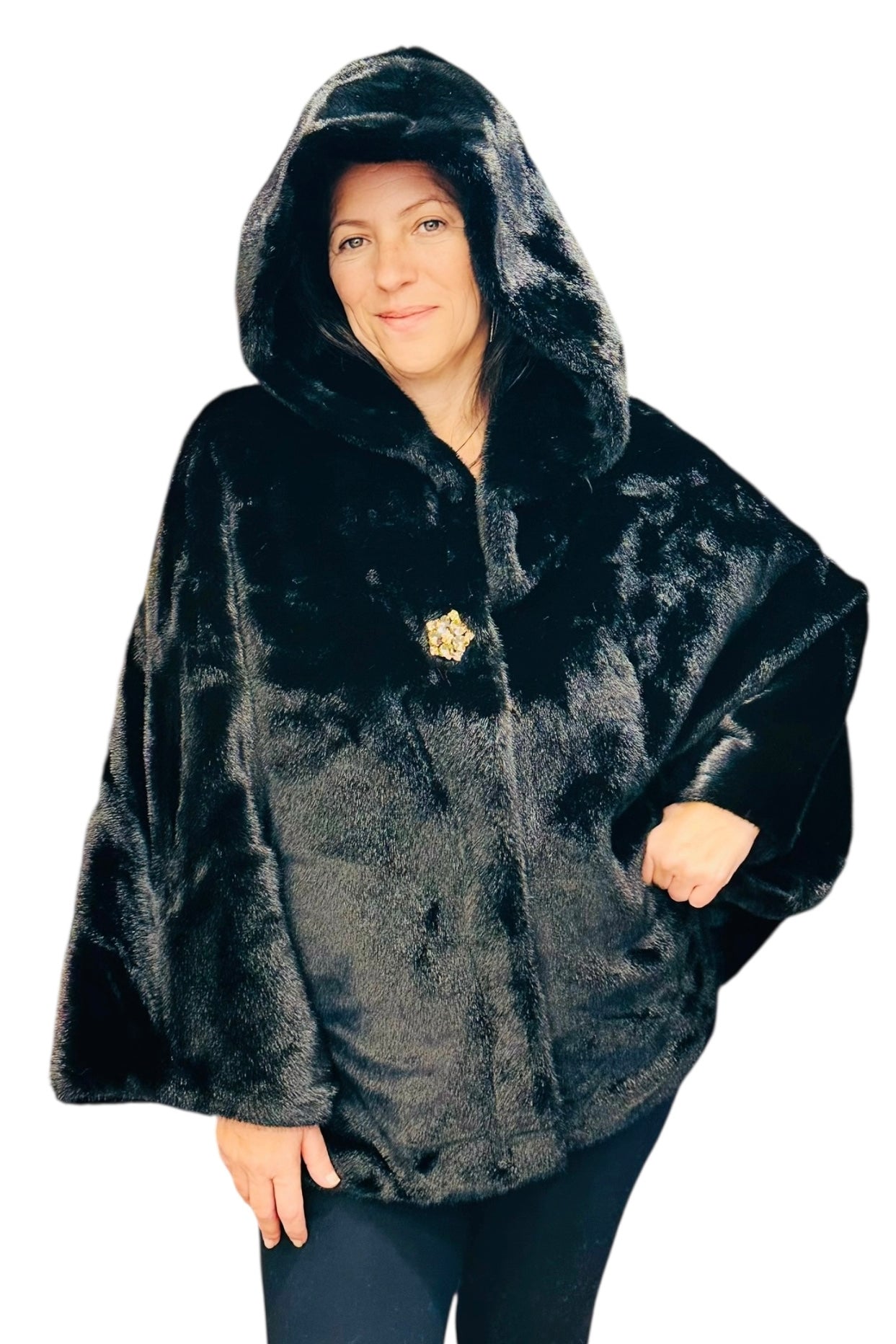 Charizma - Συνθετική Γούνα με Κουκούλα, Τσέπες σε Στυλ Κάπας Μαύρη