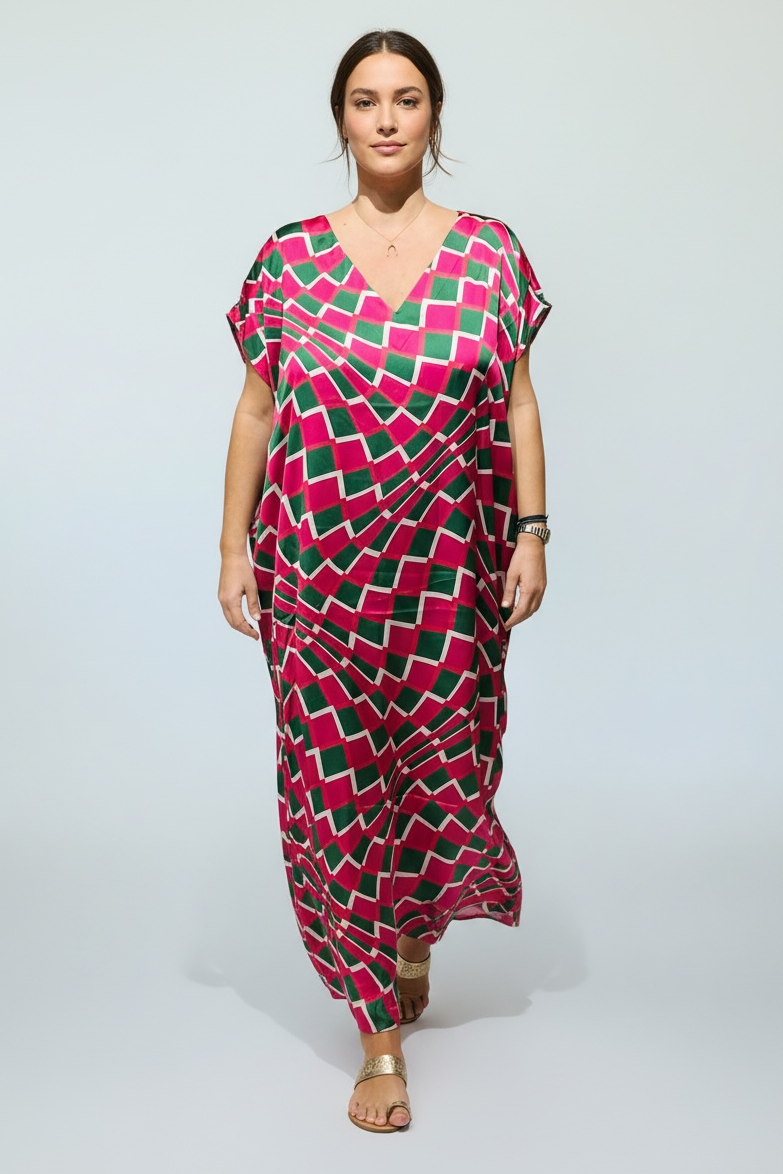 Anlyta - Oversized Καφτάνι Silk Touch Ingrid Fuchsia & Green