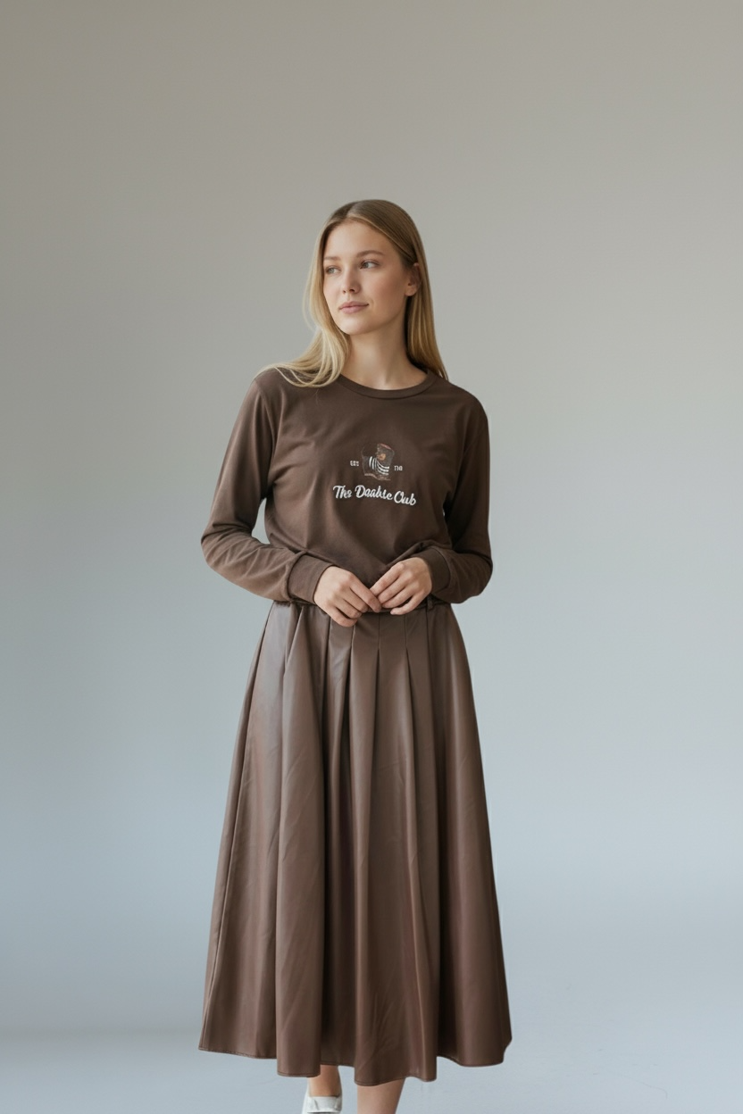 Charizma - Δερματίνη Φούστα με Πιέτες Καφέ