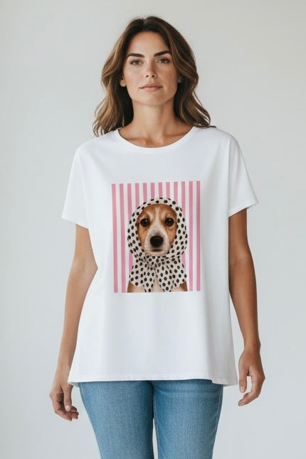 Charizma - Λευκό Μακό T-Shirt με Στάμπα Σκυλάκι & Ροζ Ρίγες