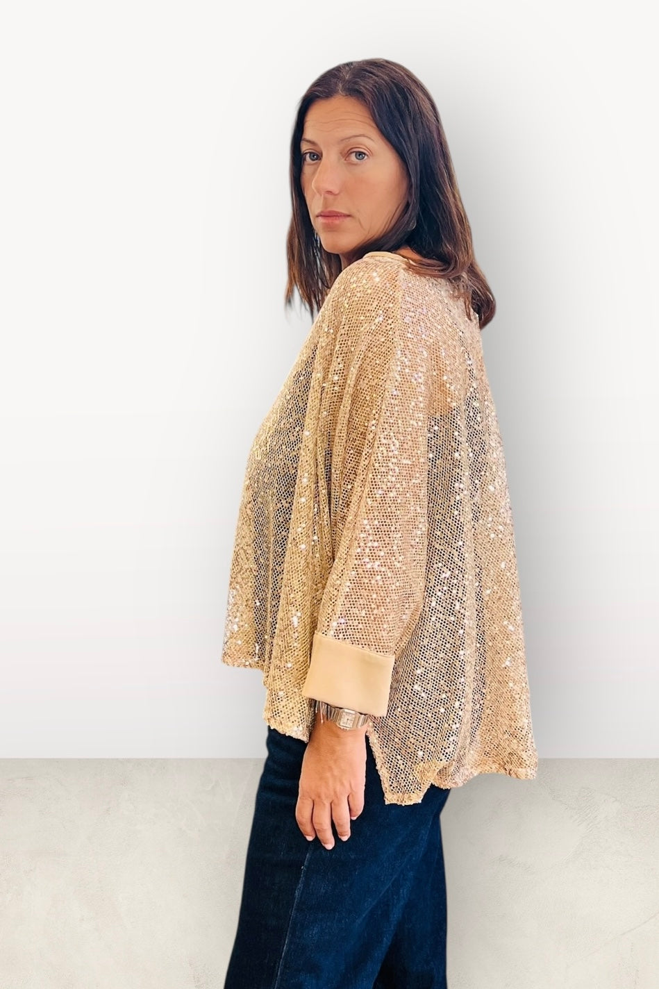 Figaro - Μπλούζα Δικτυωτή με Σατέν Λεπτομέρειες σε Χρυσή Απόχρωση