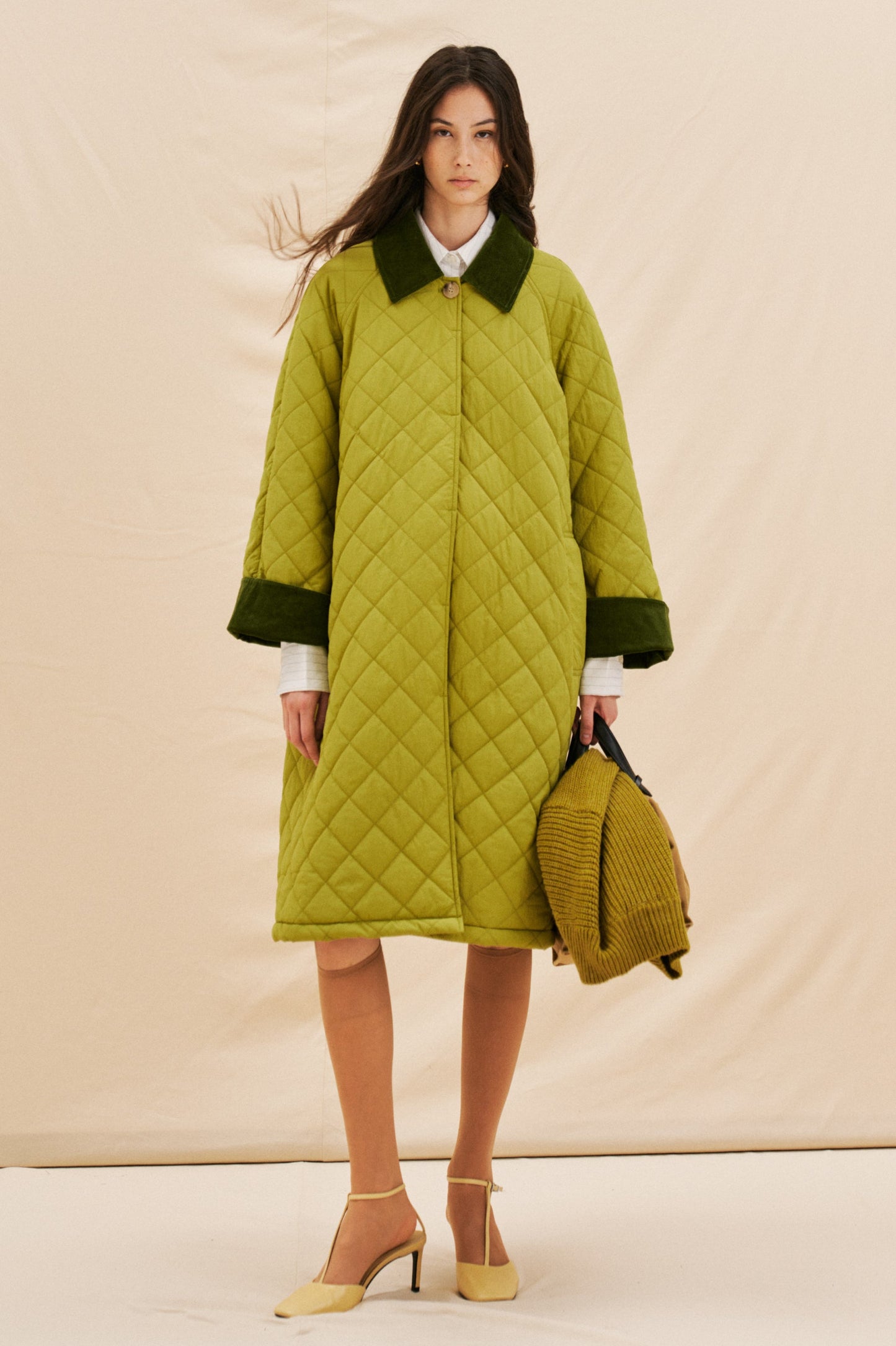 Lumina - Μακρύ Καπιτονέ Παλτό με Κοτλέ Γιακά & Μανίκια Πράσινο