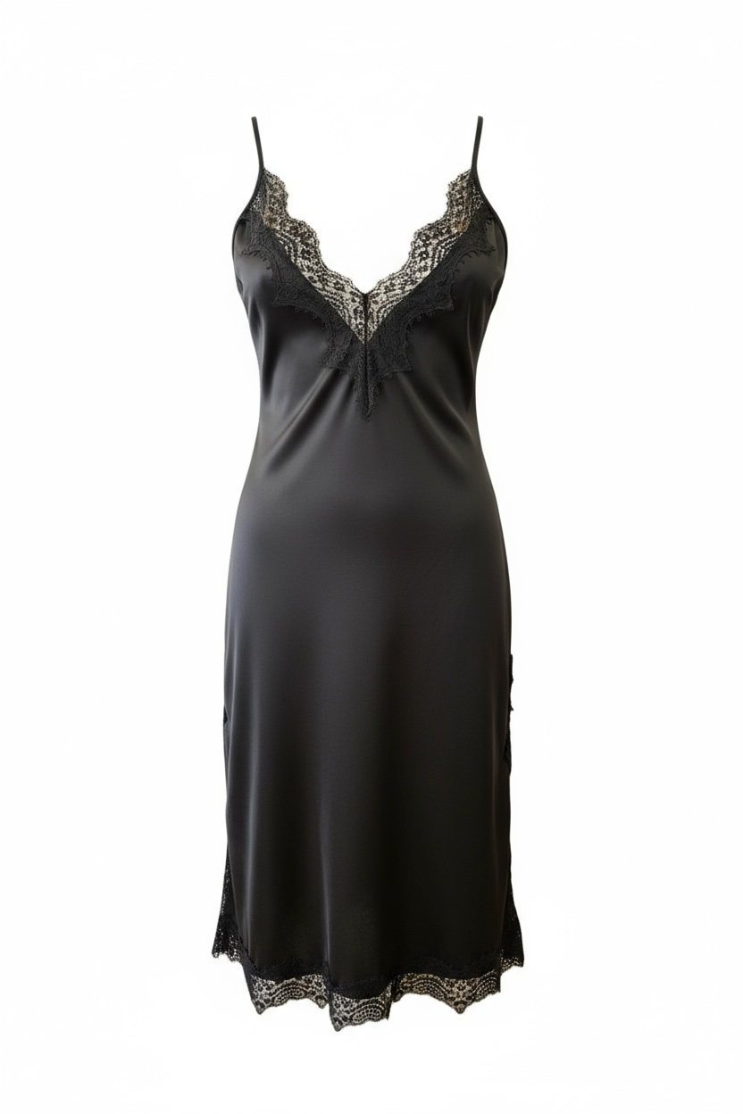 Charizma -Σατέν Φόρεμα με Δαντέλα & Πλαϊνό Σκίσιμο Μαύρο