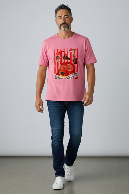 Charizma - Unisex Βαμβακερό Ροζ Μακό T-Shirt Oversized με Στάμπα Σκυλάκια