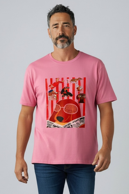 Charizma - Unisex Βαμβακερό Ροζ Μακό T-Shirt Oversized με Στάμπα Σκυλάκια