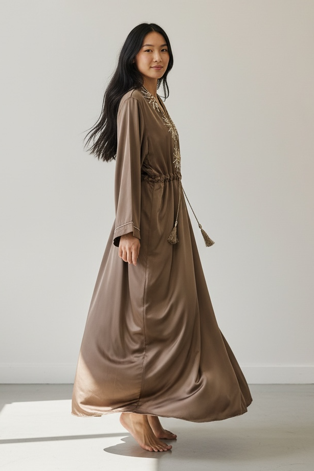 Charizma - Μάξι Καφτάνι Φόρεμα με Διακοσμητικά Στοιχεία και Ρυθμιζόμενη Μέση Καφέ