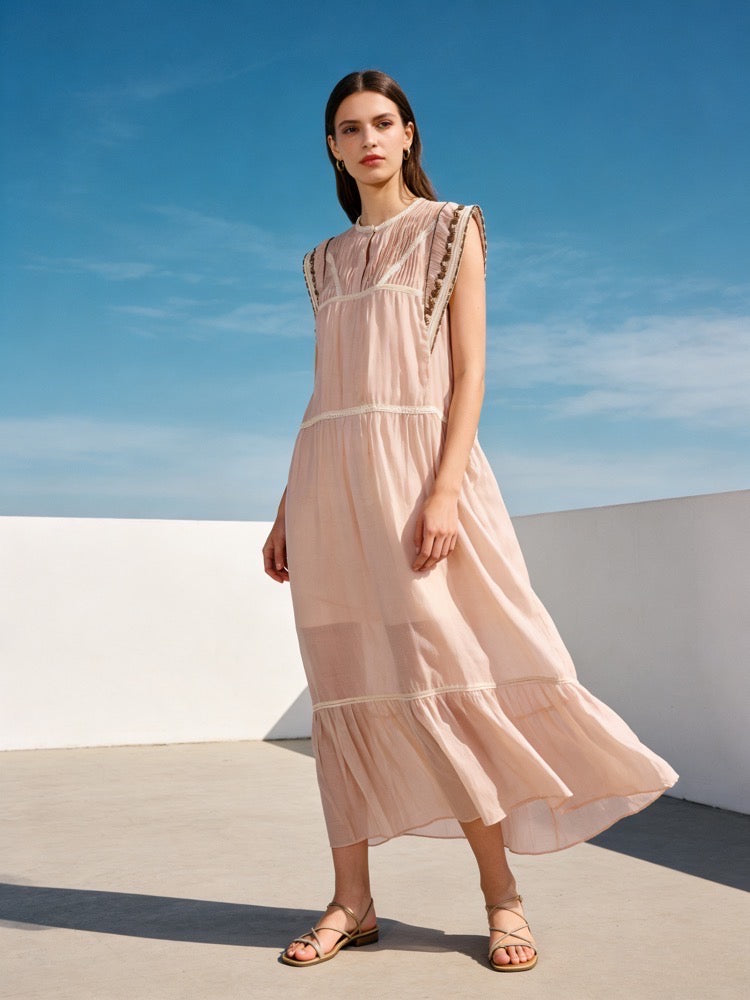 Charizma - Ροζ Μακρύ Ρομαντικό Φόρεμα με Καφέ Κέντημα & Δαντέλα