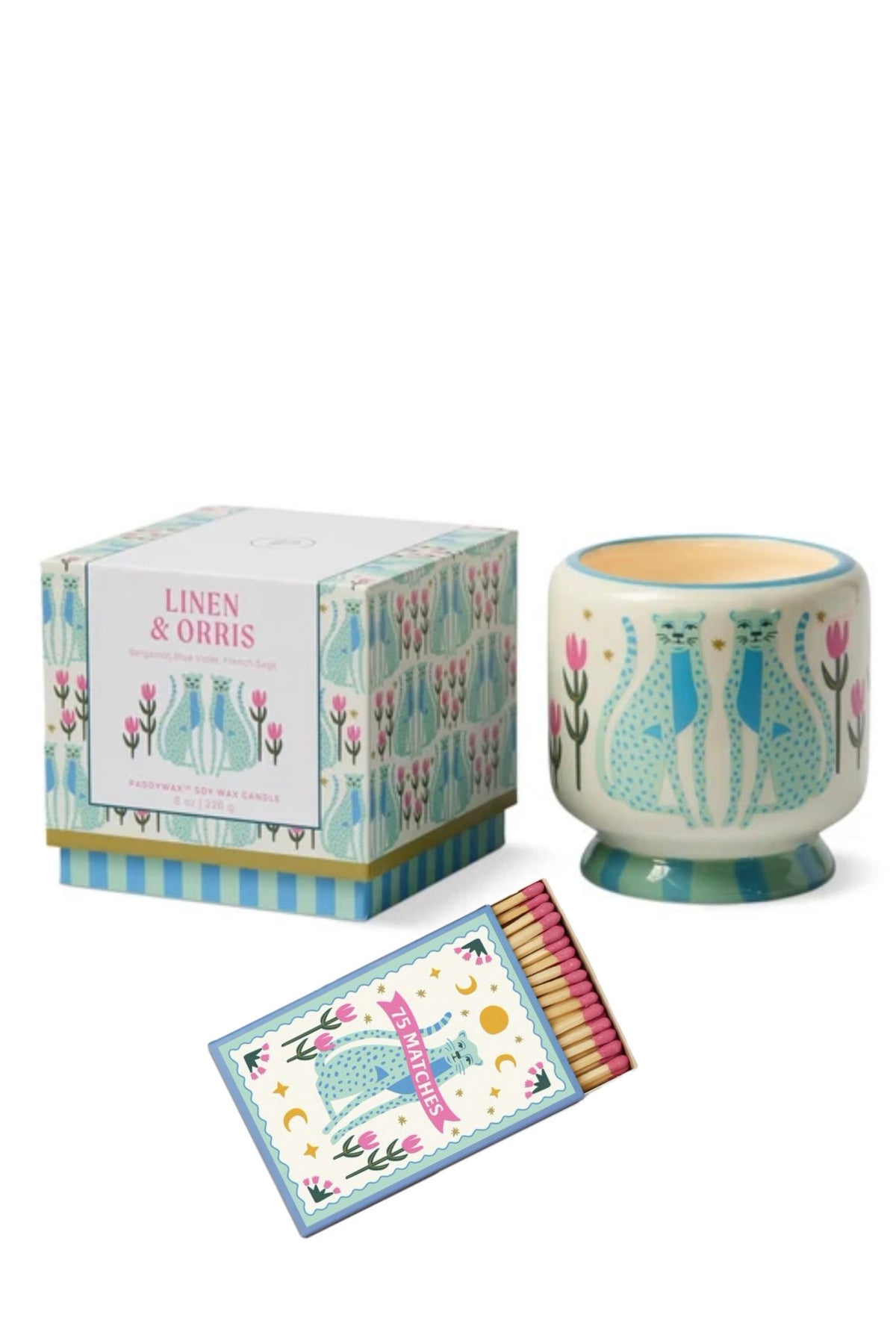 Paddywax Adopo Blue Cheetahs - Κεραμικό κερί σόγιας, Linen & Orris 226gr & Σπίρτα 75 τεμ