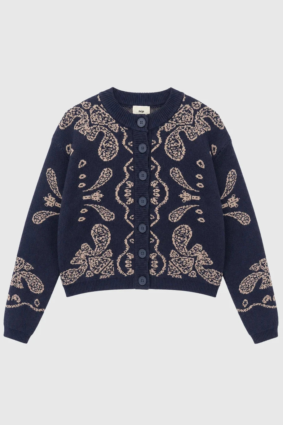 An'ge - Gilet Nayana Navy Πλεκτή Ζακέτα Jacquard Με Στρογγυλή Λαιμόκοψη