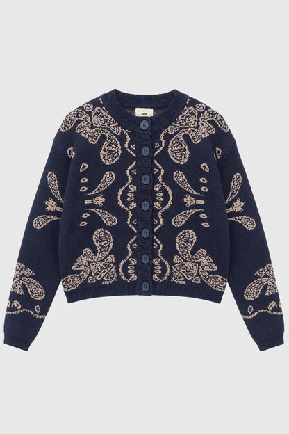 An'ge - Gilet Nayana Navy Πλεκτή Ζακέτα Jacquard Με Στρογγυλή Λαιμόκοψη