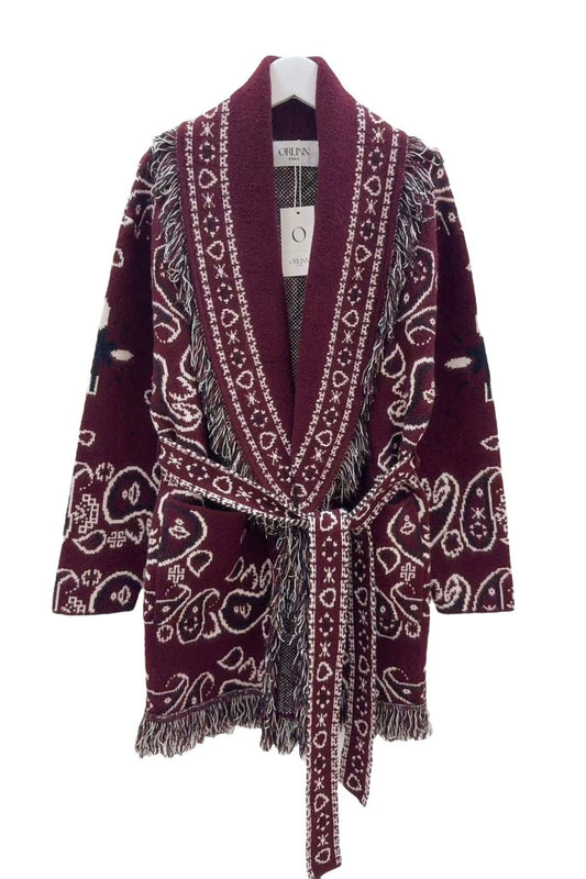 Orlinn - Ζακέτα Παλτό Boho Chic με Κρόσσια & Ζώνη Μπορντό