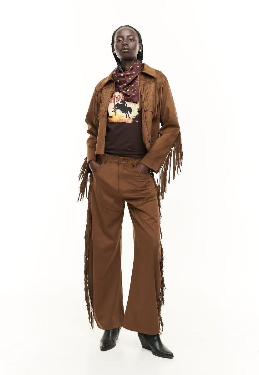 Lumina - Φαρδιά Παντελόνα Cowboy με Κρόσσια & Τσέπες Καμηλό