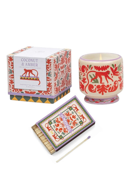 Paddywax Adopo Jungle - Κεραμικό κερί σόγιας, Coconut & Amber 226gr & Σπίρτα 75 τεμ