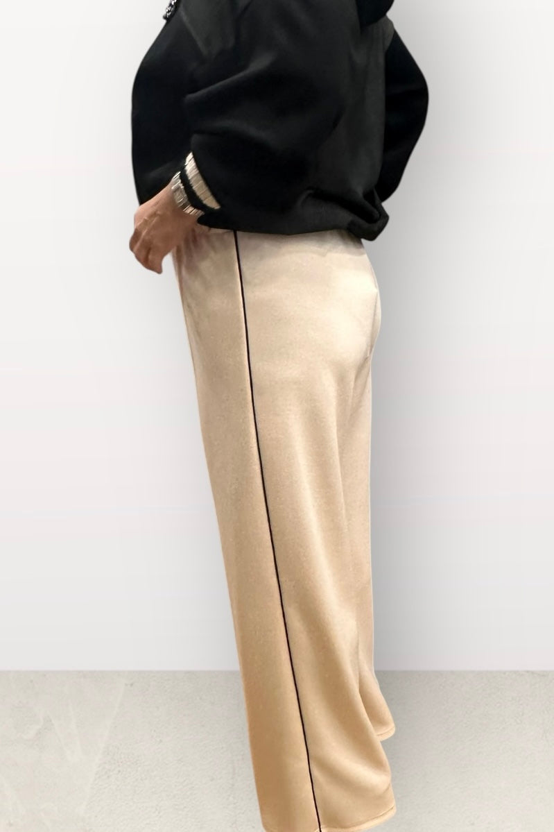 Figaro - Φαρδιά Παντελόνα Μπεζ με Λάστιχο & Μαύρη Ρίγα στο Πλάι