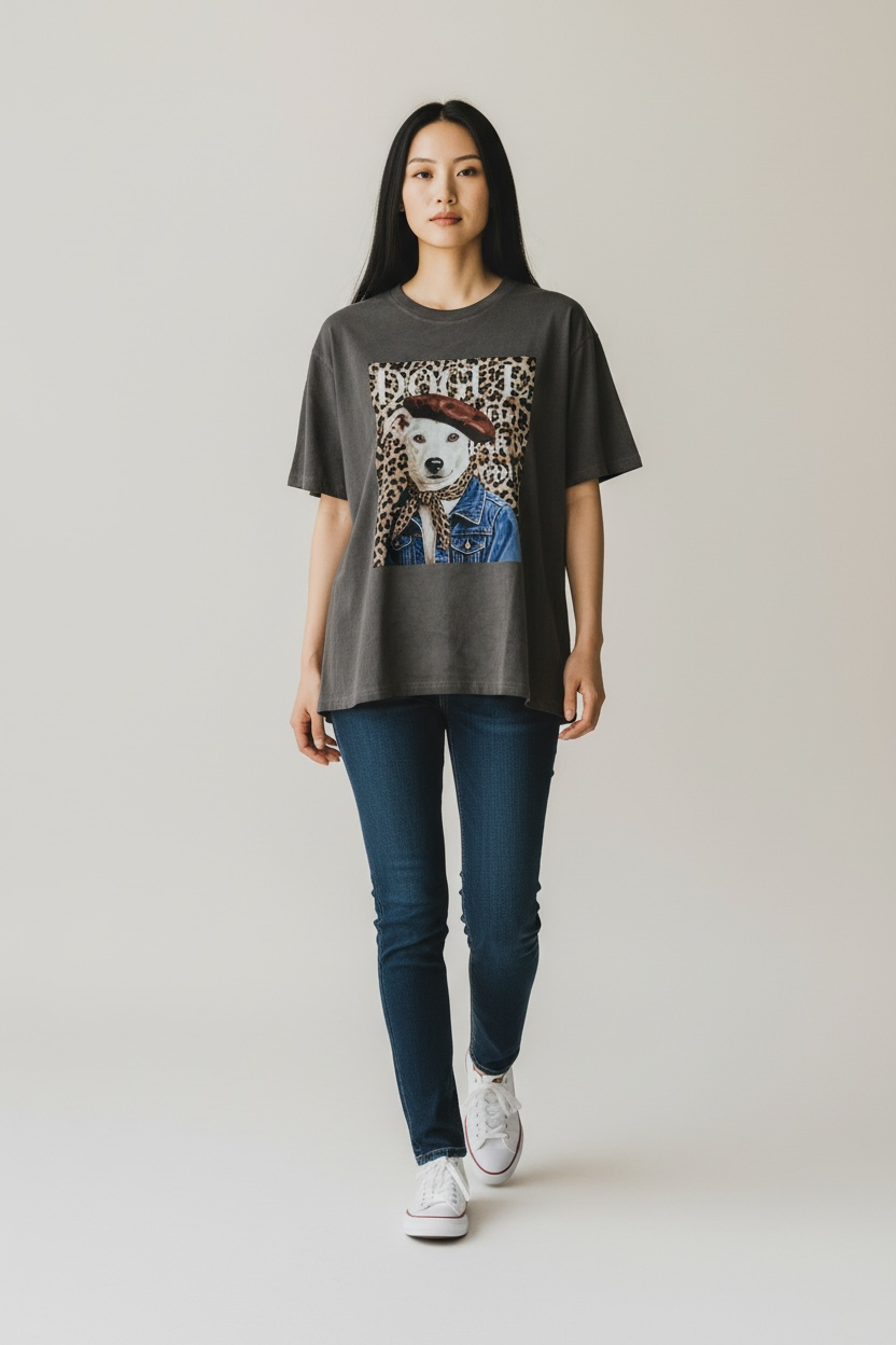 Charizma - Unisex Βαμβακερό  Γκρι Μακό T-Shirt Oversized με Στάμπα Dogue Paris