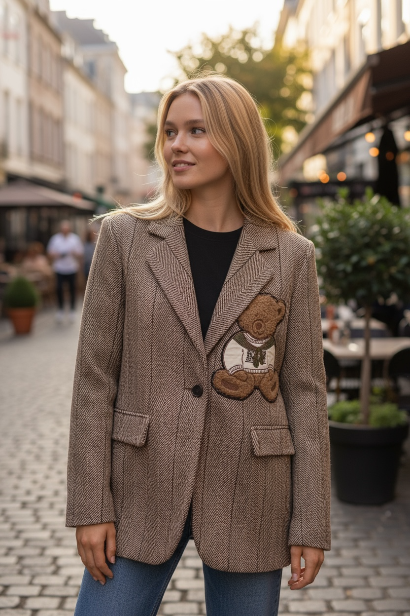 Charizma - Γυναικείο Καφέ Σακάκι Ψαροκόκκαλο με Αρκουδάκι