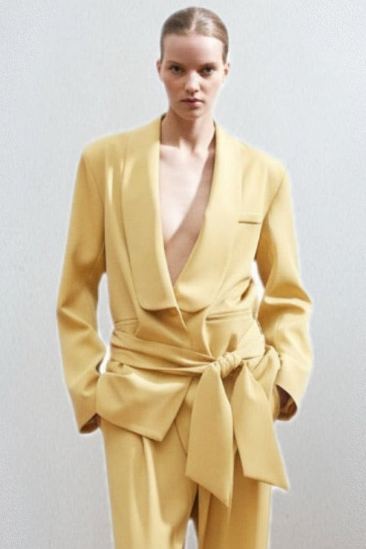 Lumina - Σακάκι με Ζώνη και Βάτες Παστέλ Κίτρινο