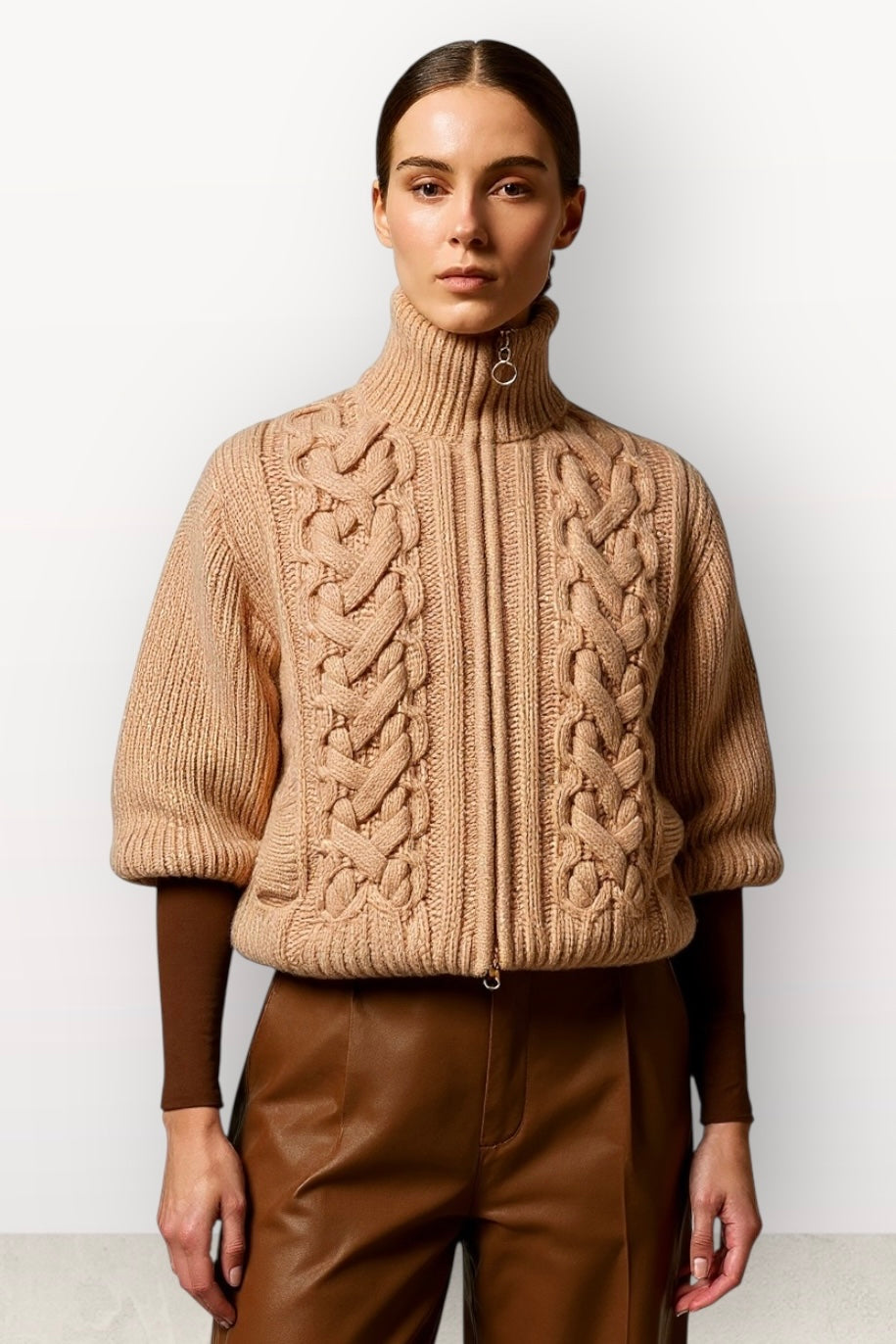 Tailor Made - Πλεκτό Ζιβάγκο Κοντό Μπουφάν με Φερμουάρ & Έντονη Πλέξη Μπεζ