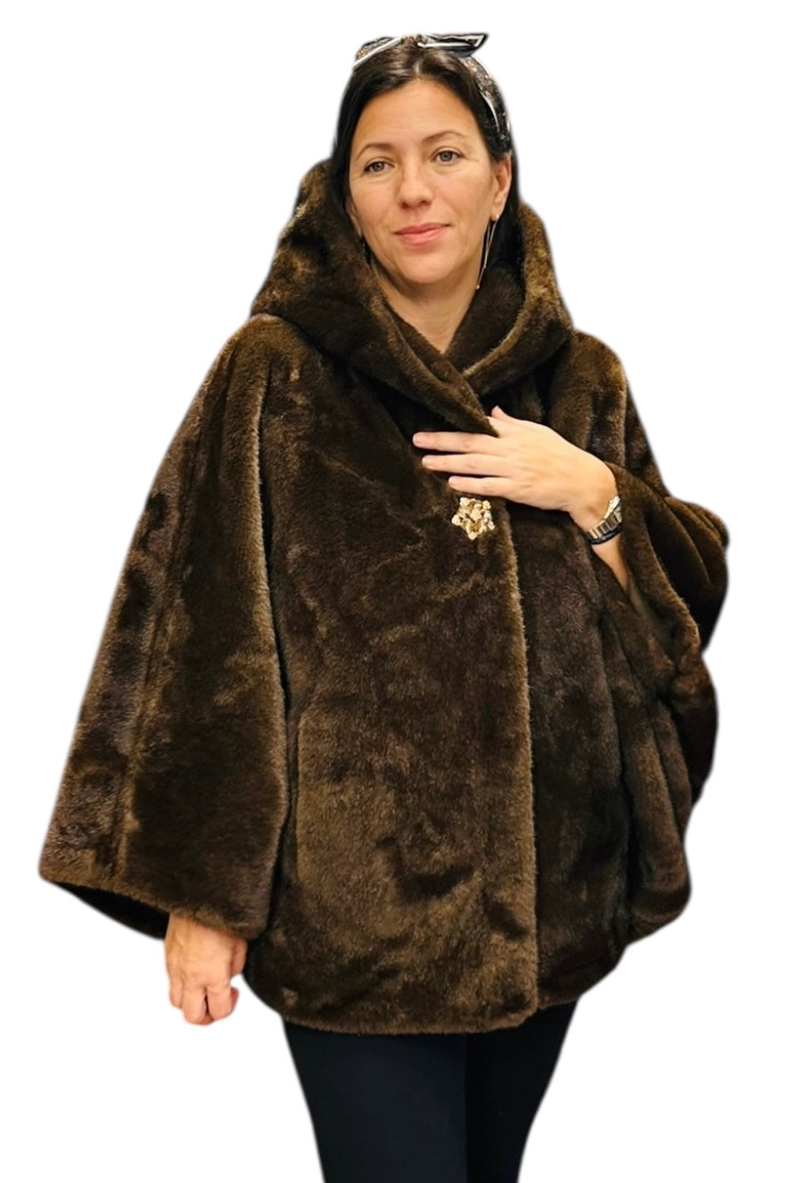 Charizma - Συνθετική Γούνα με Κουκούλα, Τσέπες σε Στυλ Κάπας Καφέ