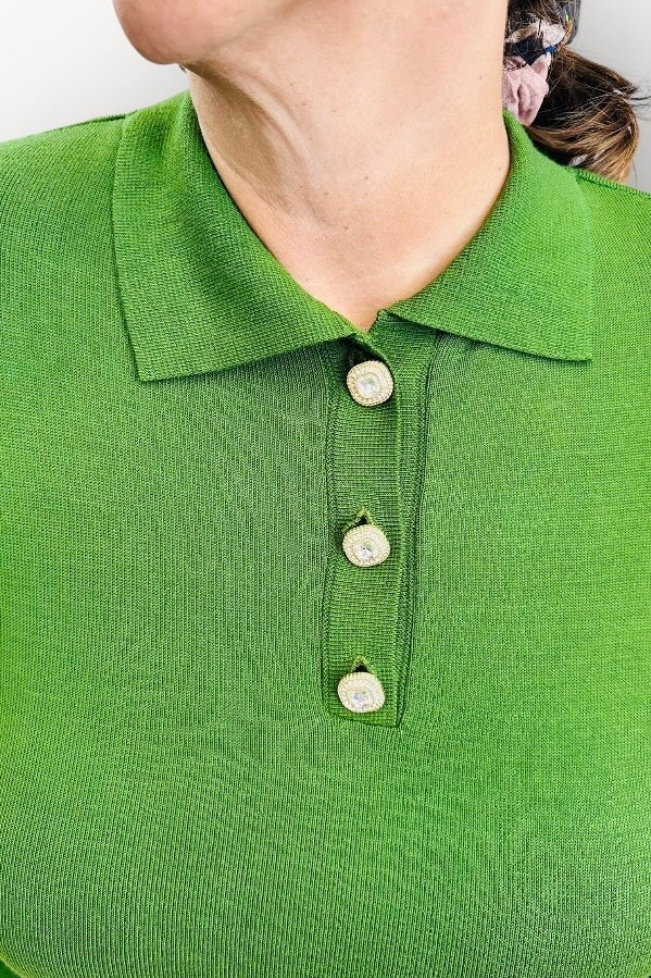 Figaro - Πράσινο Πουλόβερ με Πόλο Γιακά & Στρας Κουμπάκια