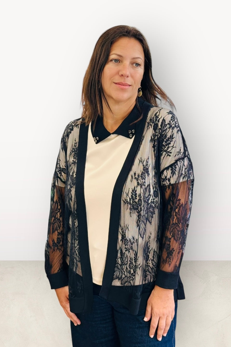 Figaro - Ζακέτα Δαντέλα με Μακρύ Μανίκι χωρίς Κουμπιά