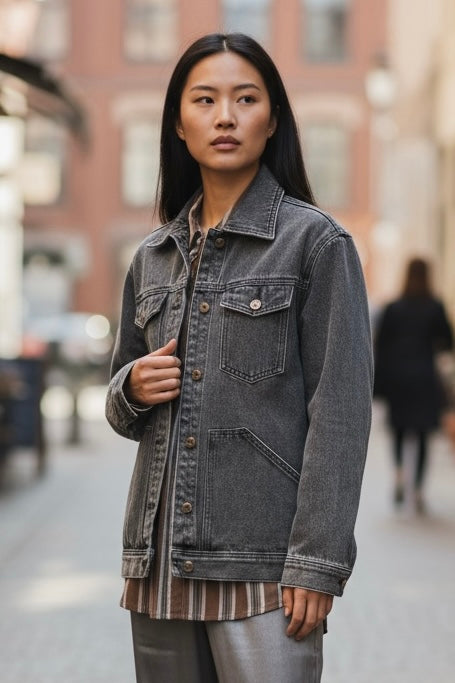 Charizma - Jean Μαύρο Πουκάμισο ή Μπουφάν Με Ασύμμετρες Τσέπες