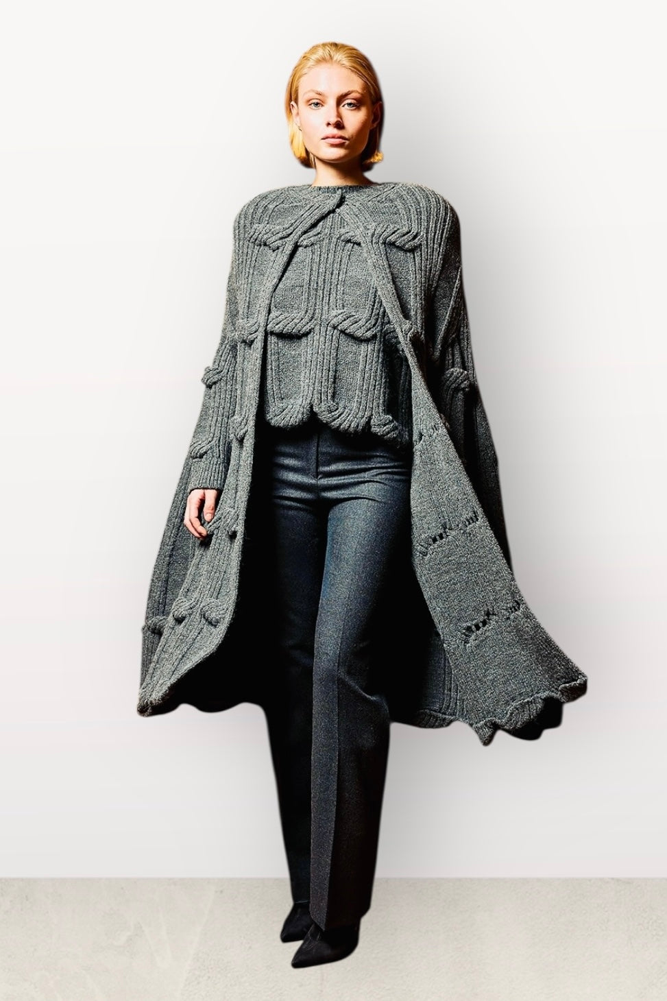 Tailor Made - Μακριά Kάπα Πλεκτή Premium Απαλή Υφή & Art-Details Γκρι