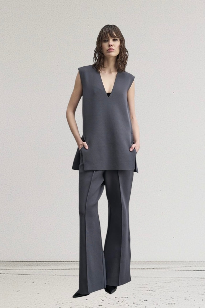 Tailor Made - Σετ Oversized V Neck Τουνίκ & Παντελόνα Γκρι