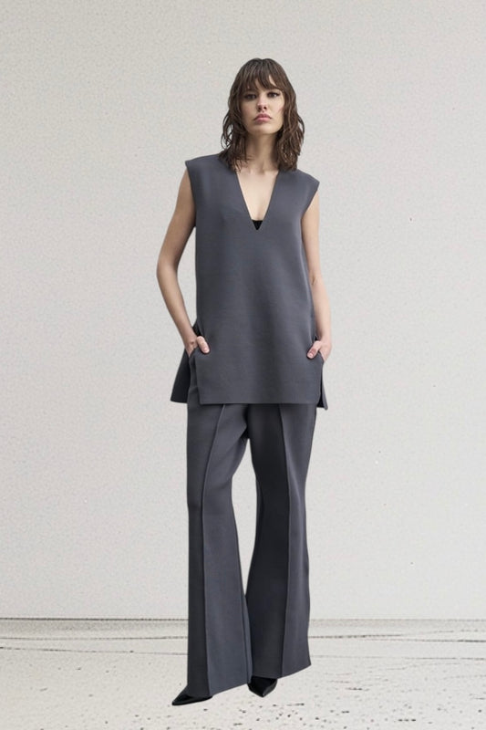 Tailor Made - Σετ Oversized V Neck Τουνίκ & Παντελόνα Γκρι